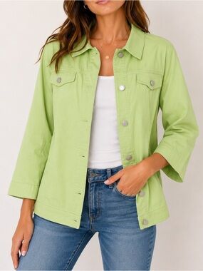 Christopher & Banks Lime Green Denim Jacket L Coastal Chic Spring Layer